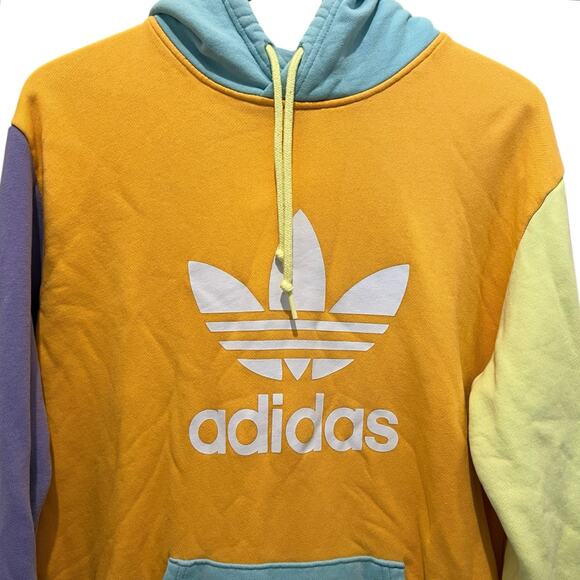 ADIDAS Womens Color Block Logo Hoodie Pastels Sz L Pocket Oversized Streetwear - Picture 2 of 10
